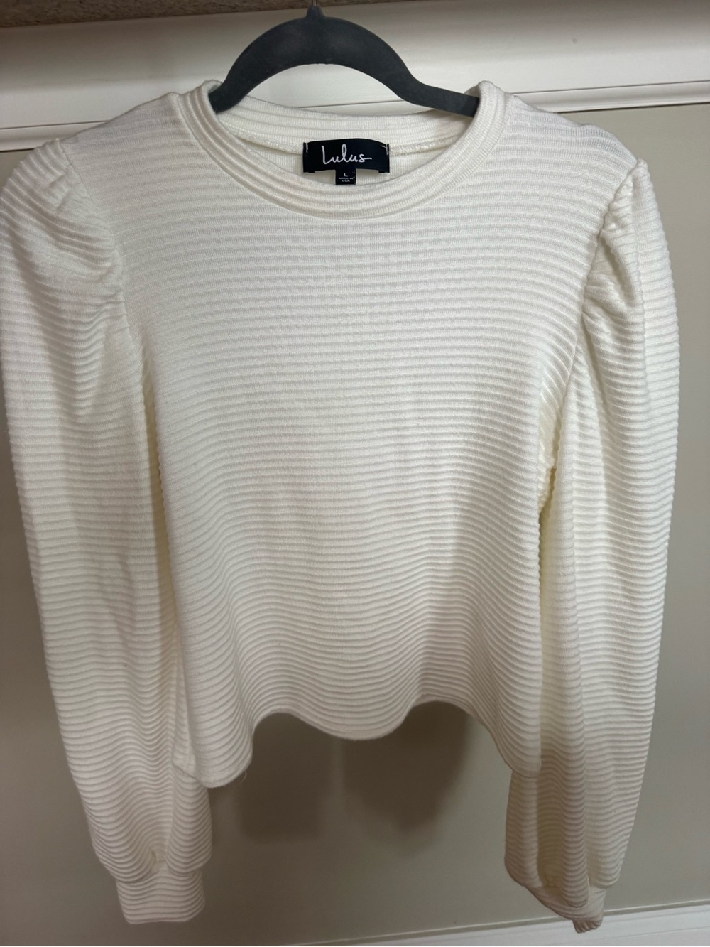 Lulu's Ivory Ribbed Puff-Shoulder Long-Sleeve Top